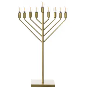Vintiquewise QI004626 Large Modern Antique Gold Nine Branch Electric Chabad Style Hanukkah Menorah with Flame Shaped LED Bulbs