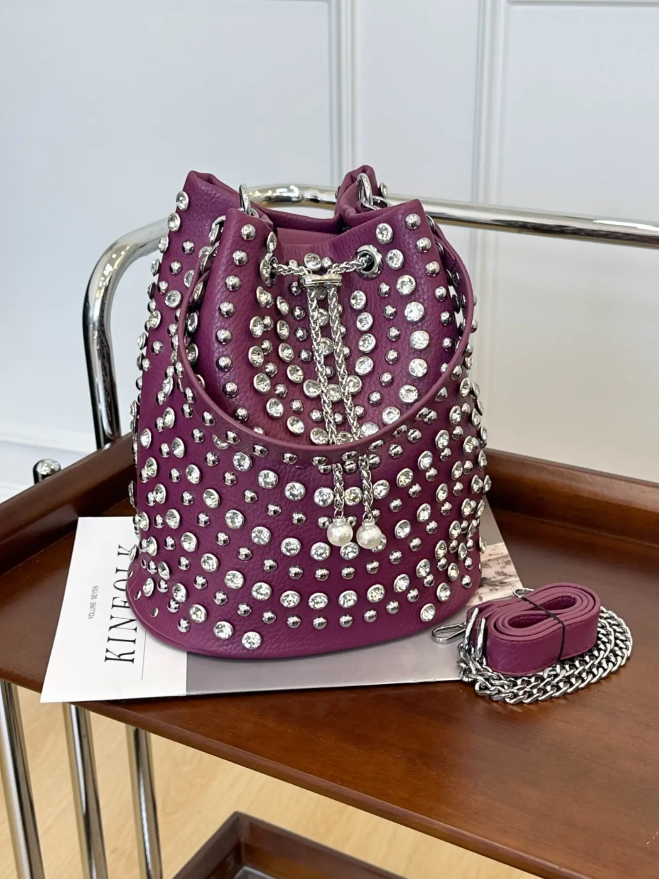 Litchi Texture Rivet Bucket Bag, Fashionable Bucket Bag, New Fashion Unique Vintage Punk Style Shoulder Crossbody Bag, Large Capacity Handbag, Casual Fashion Bag