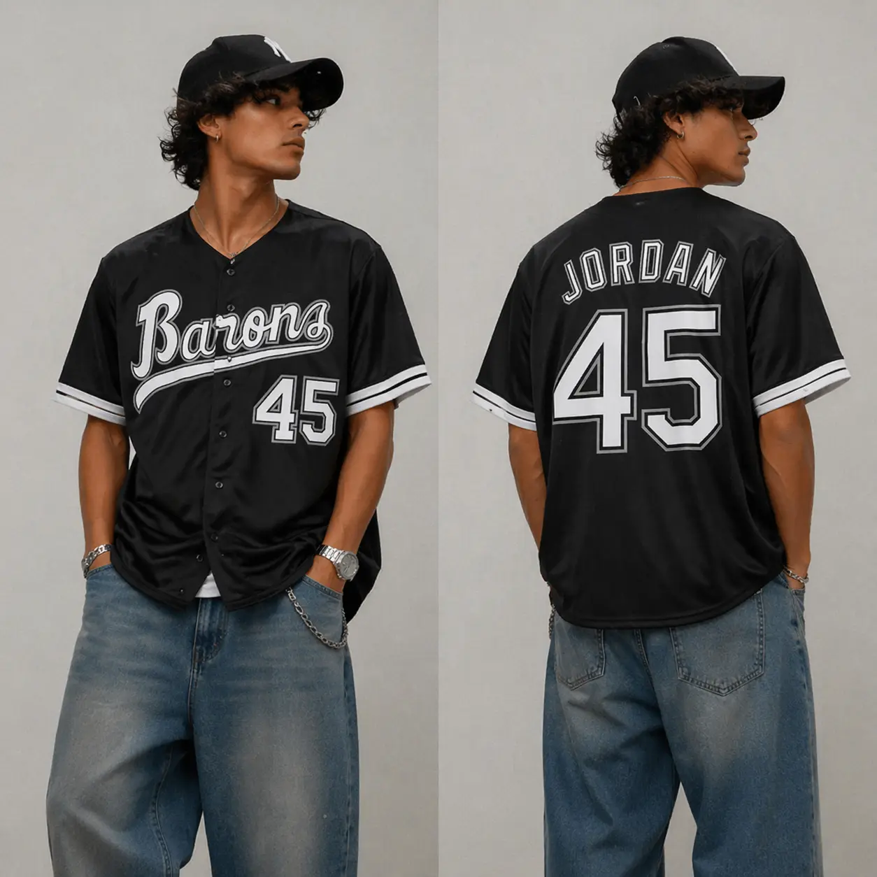 Barons #45 Baseball Jersey – 90s Vintage Hip Hop Button Up Shirt, Retro Streetwear Outfit for Men Women