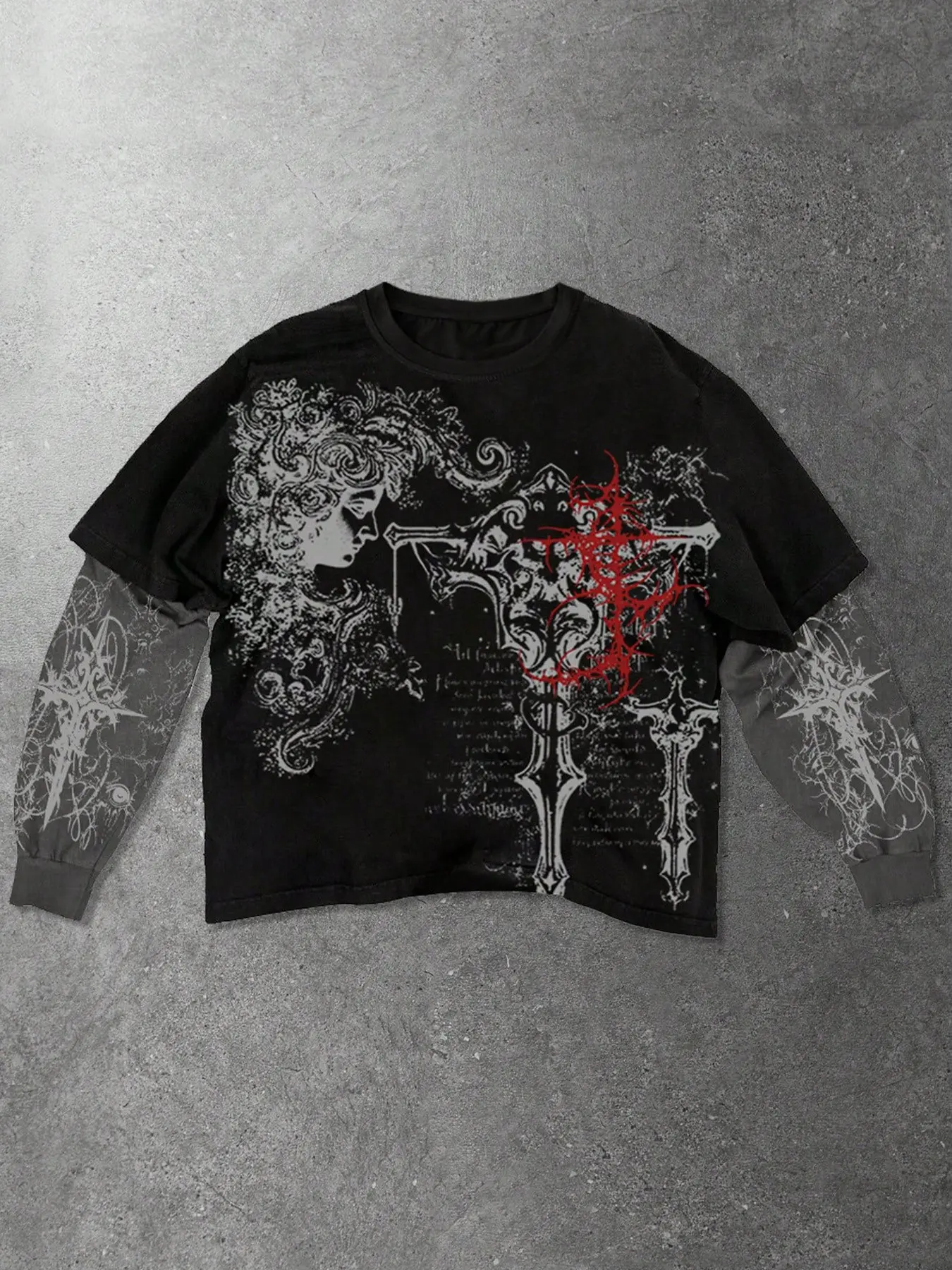 Oversized Gothic Graphic Long Sleeve Fitted T-Shirt - False Two