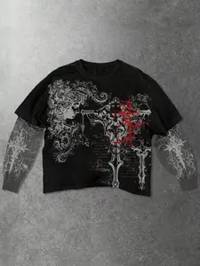Oversized Gothic Graphic Long Sleeve T-Shirt - False Two-Piece Layered Streetwear Top - Dark Aesthetic Grunge Apparel with Red Thorn Print for Men and Women Fit