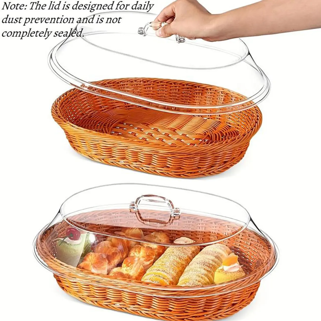 Classic woven bread basket with transparent acrylic lid, Aesthetic durable washable food tray, suitable for kitchen picnics, home displays, as a gift for family members, an ideal storage solution, breathable and mold-resistant, durable and long-lasting