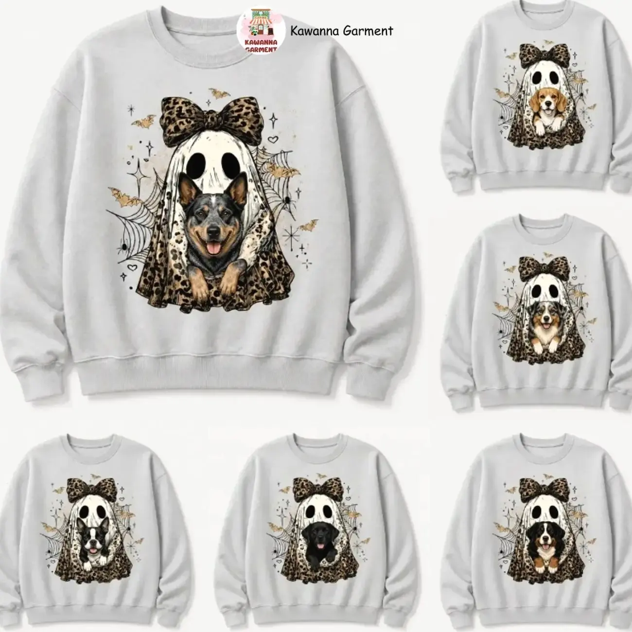Leopard Ghost Dog Breeds 50+ Halloween Sweatshirt, Cute Spooky Dog Graphic Sweatshirt, Coquette Bow Ghost Fall Outfit, Full Size.