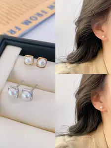 Classic Minimalist Ear Studs with Round and Square Design, 14k -Plated Copper with Freshwater Pearl, 925 Silver Needle for Everyday Wear