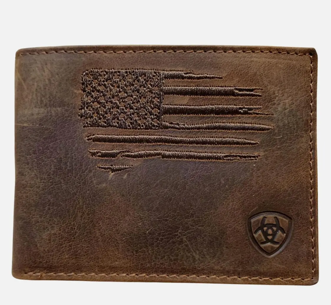 Ariat Men's Patriotic Distressed Brown Leather Bifold Wallet - USA Flag, Shield Branded Logo, Multi-Function Leather Bifold Cardholder, Vintage Style Cowboy Wallet, Birthday Gifts for Him, Gifts for Boyfriend