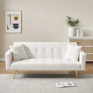 Bellemave 71.7" Classic Beige 2-Seat Teddy Fleece Couch Bed with PU Leather Accents, Storage Organizer, and 2 Luxurious Throw Pillows for Cozy Indoor Living Spaces