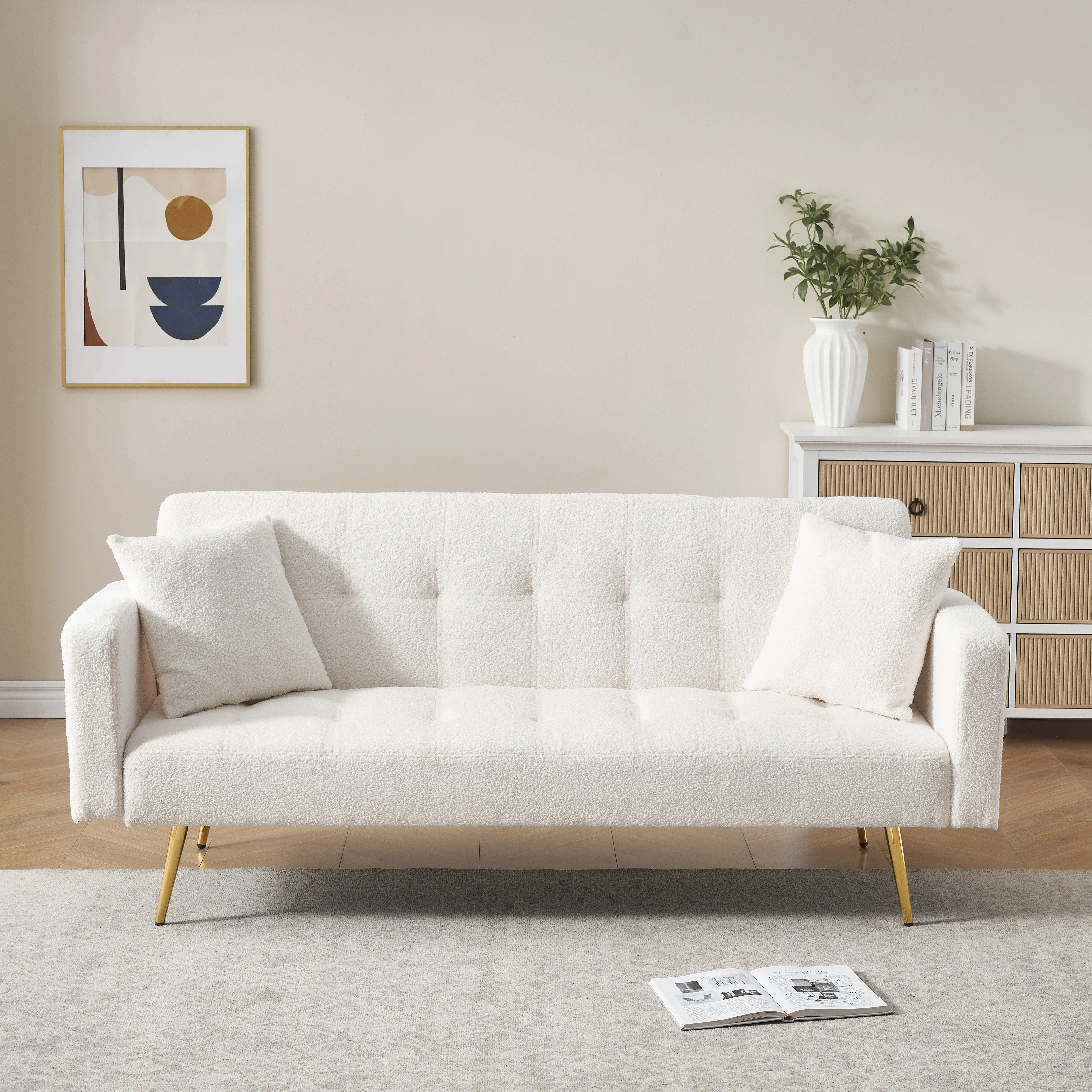 Bellemave 71.7" Classic Beige 2-Seat Teddy Fleece Couch Bed - PU Leather Accents, Storage Organizer, 2 Luxurious Throw Pillows, Convenient for Indoor Living Spaces, Convenience
