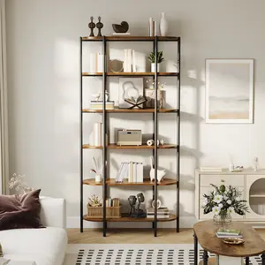 Add vertical storage with vintage style. This 6-tier oval bookshelf stands 70.9 inches tall and fits into 31.5 inches of width. Sturdy metal frame, rustic brown finish, and anti-tip kit included. Link in bio.