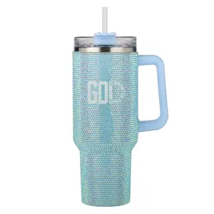 Blue Crystal Edition Tumbler 40 Oz - God Is Greater Than Logo - Reusable Straw & Rhinestones - Double-Walled Insulation - Portable Drinkware Flasks Sturdy