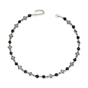 Gothic Black Agate Cross Necklace, 18"+2" Adjustable Stainless Steel Punk Choker for Halloween, Christmas & Easter