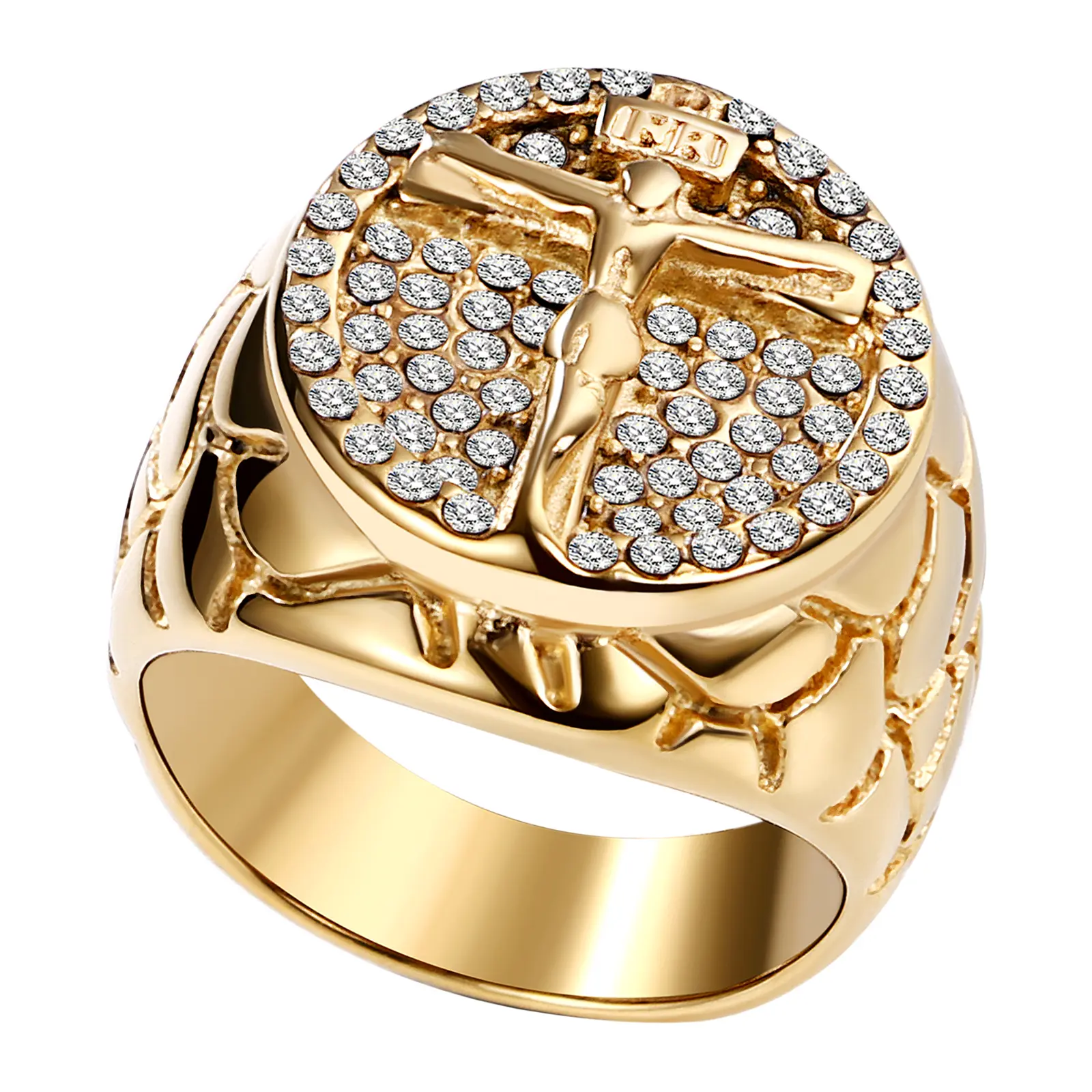OIDEA Iced Out Male Religious Motif Signet Ring - Gold-Tone Stainless Steel, Zircon Inlay Signet Band, Men's Jewelry, Biker Statement Gift for Daily Wear summerwins,summerwins,summeroutfits,vacationoutfits,beachoutfits