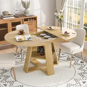 43"-59" Extendable Round Dining Table with Storage Base, Wooden Oval Conference Table for 4-6 People, Space Saving Kitchen Table (Walnut/Natural/Black)