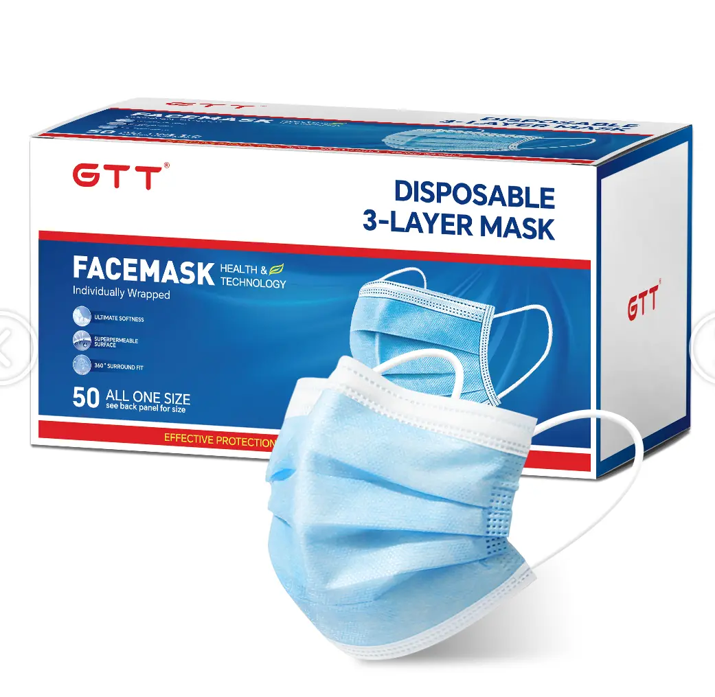 GTT 100 pcs/2 boxes 3 Ply Disposable Face Masks, Breathable 3-Layer Protective Mask for Daily Outdoor Office Travel, Blue/Black/Pink/White