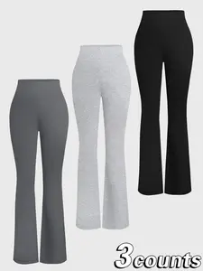 3 Pieces Women's Solid Flare Leg Pants, Casual Comfy High Waist Bell Bottom Trousers for Daily Wear, Ladies Bottoms for Fall & Winter