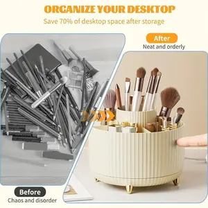 Luxurious Striped 5-Compartment Plastic Makeup Organizer, 360-Degree Rotating Cosmetic Storage Box, Portable Brush Holder, Decorative Beauty Case