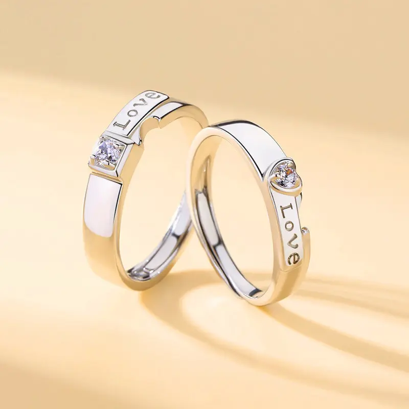 Austrian Zircon Adjustable Band Couple Ring Set Engagement Ring Set - Love Engraved, Unisex Promise/Engagement Ring, Romantic Valentine Anniversary Gift for Men and Women