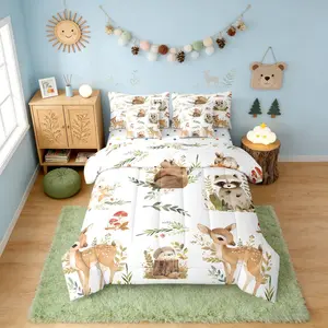 Kids Cute Bear Deer Comforter Bed Set with Sheets,7 Pieces Woodland Animals Bedding Set,Rabbit Hedgehog Raccoon Jungle Animal Bed Bag,Zoo Animals Bed Set