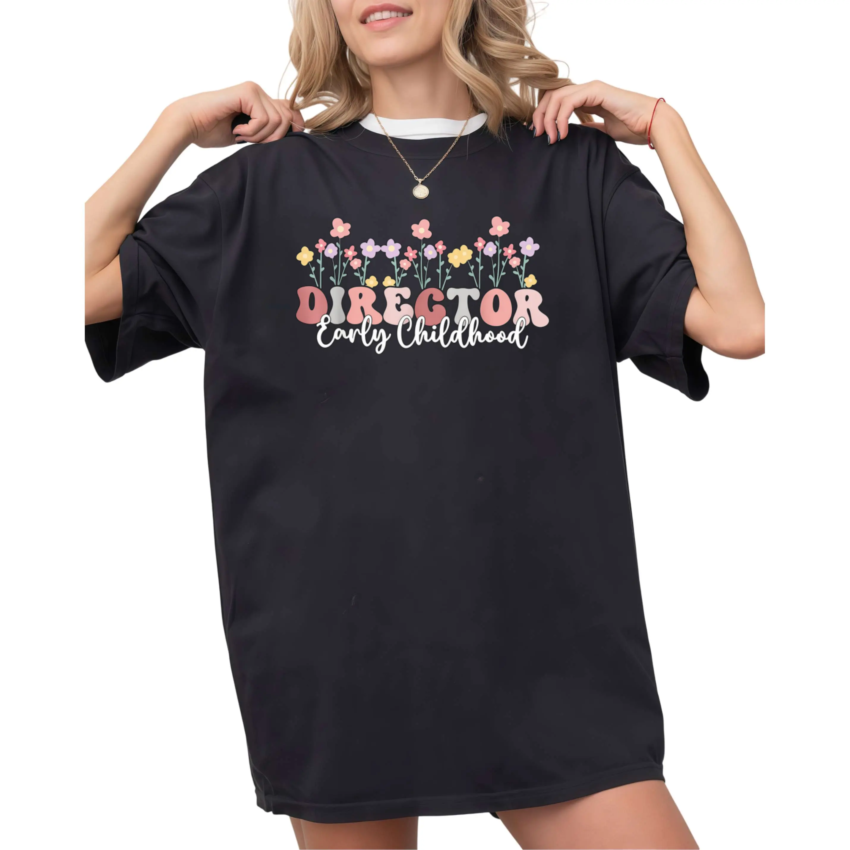 Men's & Women's Soft Breathable Daycare Director T-Shirt - Early Childhood Educator Gift with Colorful Retro Floral & Director Print Lightweight Short Sleeve Tee for Teachers Same Style for Men and Women 2026 Summer Short-sleeved Printed Cotton Suit