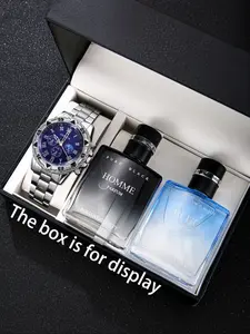 Men's Business Fashion Casual Wristwatch Set 3pcs, Quartz Watch, Includes Perfume Gift Box, Perfect for Daily Wear, Parties, Birthdays & More