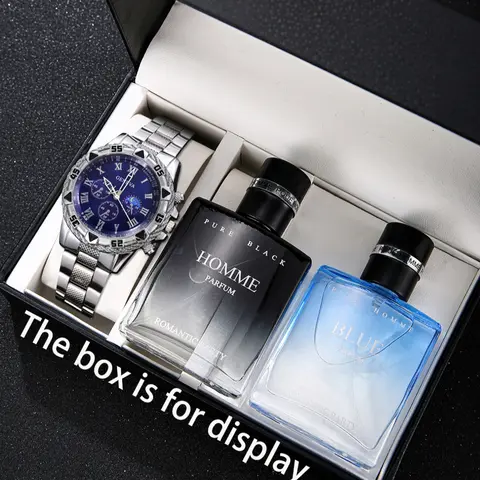 Men's Business Fashion Casual Wristwatch Set 3pcs, Quartz Watch, Includes Perfume Gift Box, Perfect for Daily Wear, Parties, Birthdays & More