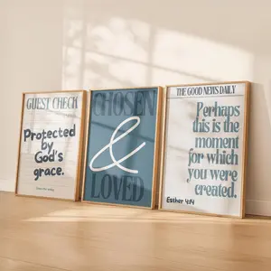Blue Christian Wall Art Set of 3 | Bible Verse Poster Unframed  s | Chosen & Loved, God’s Grace, Esther 4 14 |  Faith Decor for Bedroom