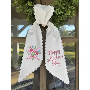 Personalized Happy Mother's Day Sash, Toile Ribbon with Embroidery, Scalloped Trim Wreath Decor Gift