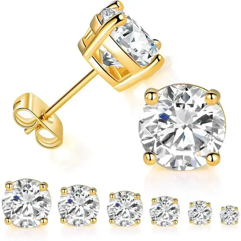 6 Pairs 14K Yellow Gold Plated Round Cut Clear Cubic Zirconia Stud Earring Pack 6 Pairs 14K Yellow Gold Plated Round Cut Clear Cubic Zirconia Stud Earring Pack