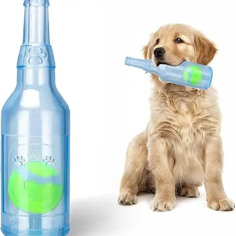 Interactive Chew Squeak Dog Toy - Soft TPR Rubber Bottle-Shape Toy with Internal Tennis Ball, Ideal for All-Size Dogs, Fetch Games, Squeak Chew Toys