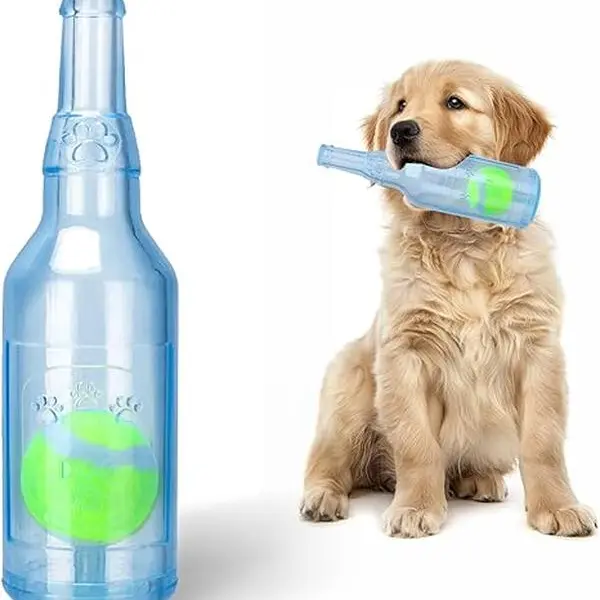 Interactive Chew Squeak Dog Toy - Soft TPR Rubber Bottle-Shape Toy with Internal Tennis Ball, Ideal for All-Size Dogs, Fetch Games, Squeak Chew Toys