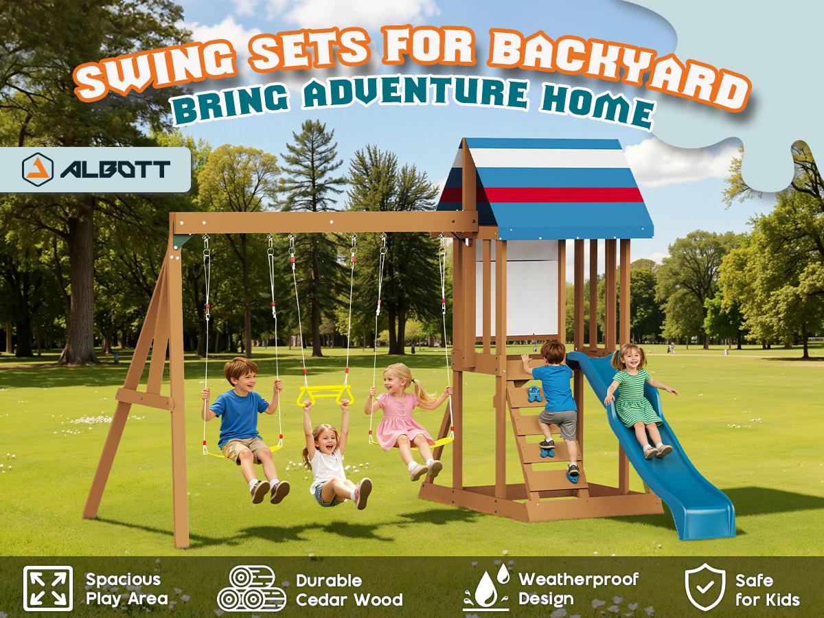 ALBOTT 3 Different Size Wooden Swing Set for Kids, Large Outdoor Wood Playhouse with Double Towers, Wave Slides, Swings, Climbing Wall & Ladder, Backyard Playground for Ages 3–8