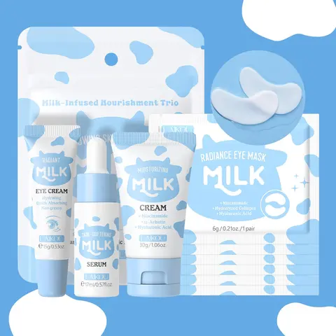 Milk Hydrating Travel-Size Skincare Set Hydration Set Brightening Glowing Skin Kit, Hyaluronic, Includes Serum 17ml, Eye Cream 15g, Moisturizing Cream 30g, Lip Mask, Eye Mask & Mask, Hydrating Soothing, Best Gift, Hydrating Moisturizer Set