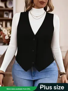 Plus Size Women's Layered Wear Slim Fit Knitted Short Vest Jacket, Casual Fashion Outerwear for Spring & Fall Seasons