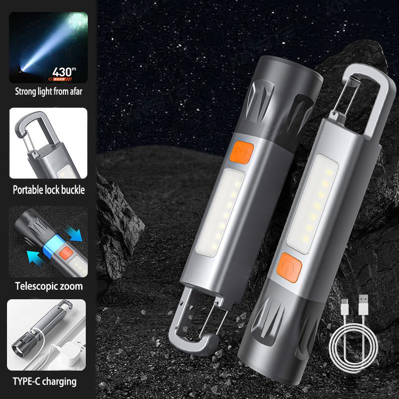Mini bright LED rechargeable waterproof flashlight with hook, high brightness, with side light, zoomable, ultra-bright handheld flashlight, suitable for emergencies / camping / home / hiking / adventures