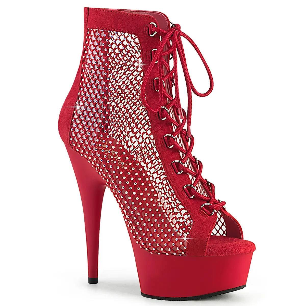 Women's 6-Inch Heel Lace Platform Boots - DELIGHT-600-33RM, Red Rhinestone Mesh Stylish Footwear, Rhinestones, Zip, Peep Toe, Ankle Boot, Chic, Elegant Heels, Mesh Upper, Glamorous Heels