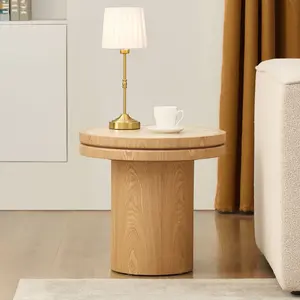 19.49*11.02*18.50 Inch Natural Round Coffee Table, Sintered Stone Top MDF Pedestal Side Table, No Assembly Modern Multi-purpose Accent Table Easy Clean for Living Room Bedroom Small Space Home Decor