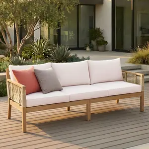 TOPMAX Patio Acacia Wood 3-Seater Sofa, Outdoor Hand Woven Rope Sofa with Cushions and Pillows for Garden, Backyard, Poolside, Teak Look+Beige Cushion