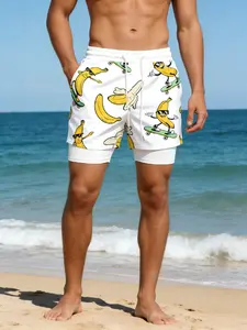 Funny Banana Skateboard Print Shorts, Unique Eye-Catching Design, Quick-Dry Breathable, Summer Streetwear, Casual Fitted Style, Casual Sport Shorts