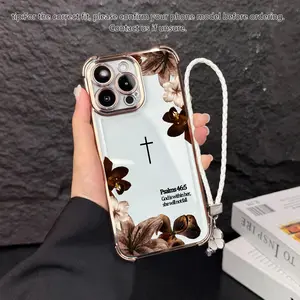 Premium Plating Edge Bible Verse Cellphone Case, Religious Women’s Accessory with 4-Leaf Clover Lanyard, Aesthetic Cross Flower Cover, Shockproof Non-Slip TPU Casing for iPhone 17 Pro Max/16/15 Plus/14/13/12 Handheld Devices Daily Use