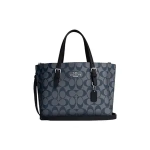 Coach Mollie Classic Monogram Tote Bag for Women – Coated Canvas and Leather, Silver and Midnight Navy