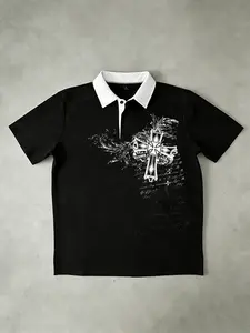 Gothic Iron Cross Print Polo Shirt, Vintage Handwriting Text, Y2K Trash Rock Street Style, Casual Short Sleeve Collared Top