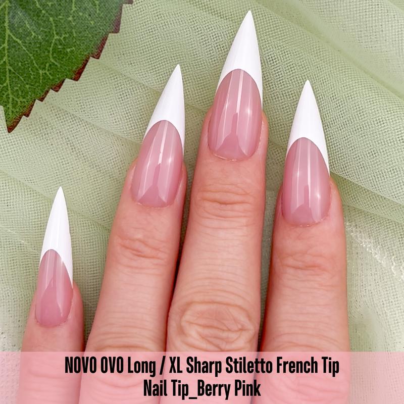 NOVO OVO White French Tip Long XL Sharp Stiletto Nail Tips Press on BERRY PINK,Soft Gel Double Matte Fake Nail Extension, Full Cover False Nails for Acrylic DIY x 16 Sizes 160 pcs【 NO GLUE TOP COAT AND LAMP INCLUDED】