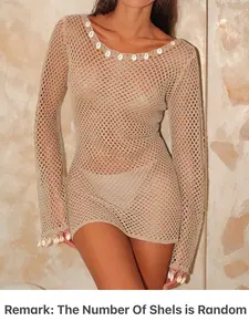 Shell Decorated Long Sleeve Knit Dress, Fashion Casual Hollow Out Short Beach Vacation Cover Up Dress, Fitted Style