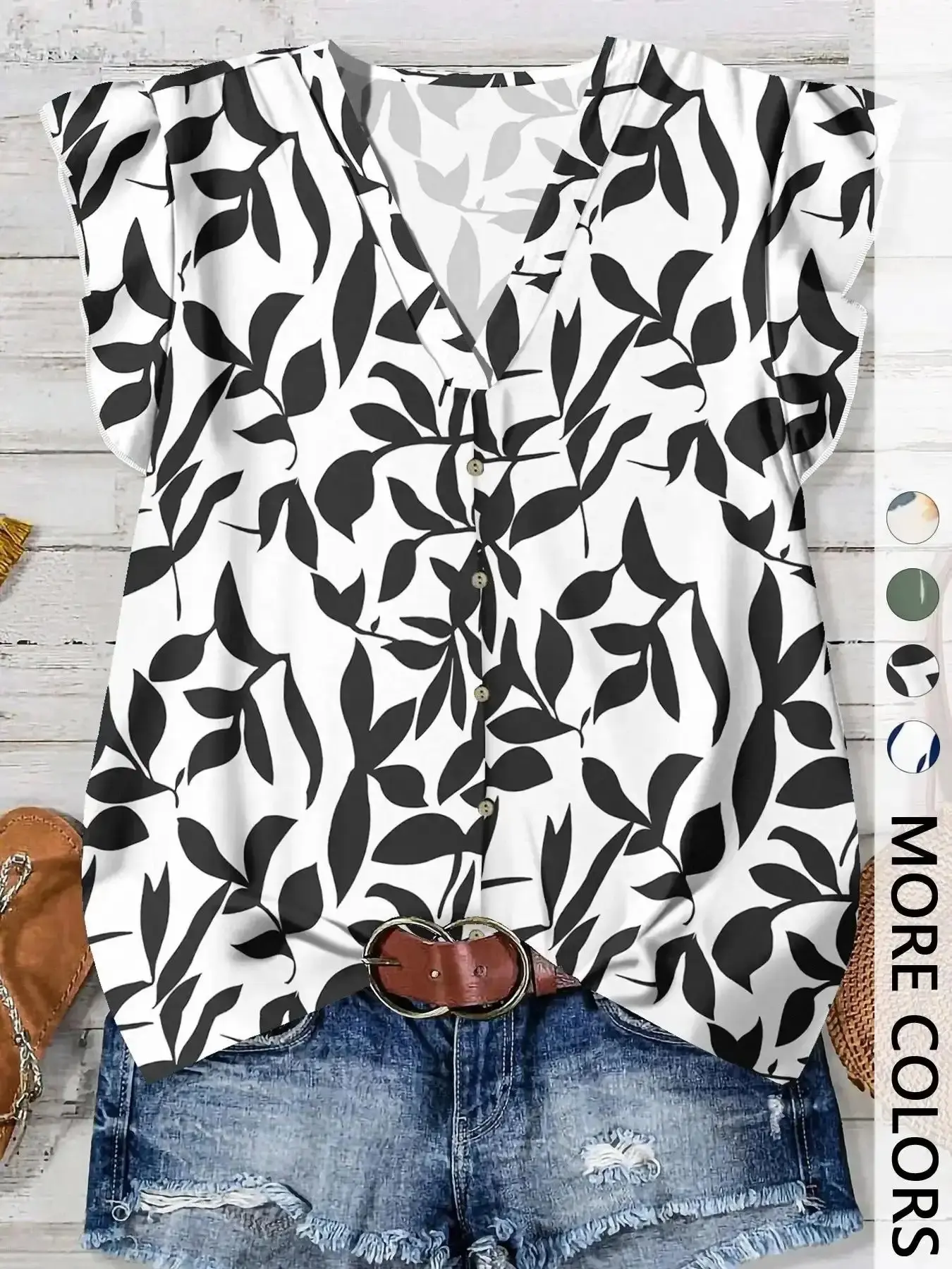 Versatile 1 Piece Women's Summer Leaf Print V Neck Ruffle Sleeve Blouse, Button Down Loose Casual Tunic Tops Shirts for Daily Vacation, Plus Size Boho Elegant Streetwear, Cottagecore, effortless layering, chic everyday