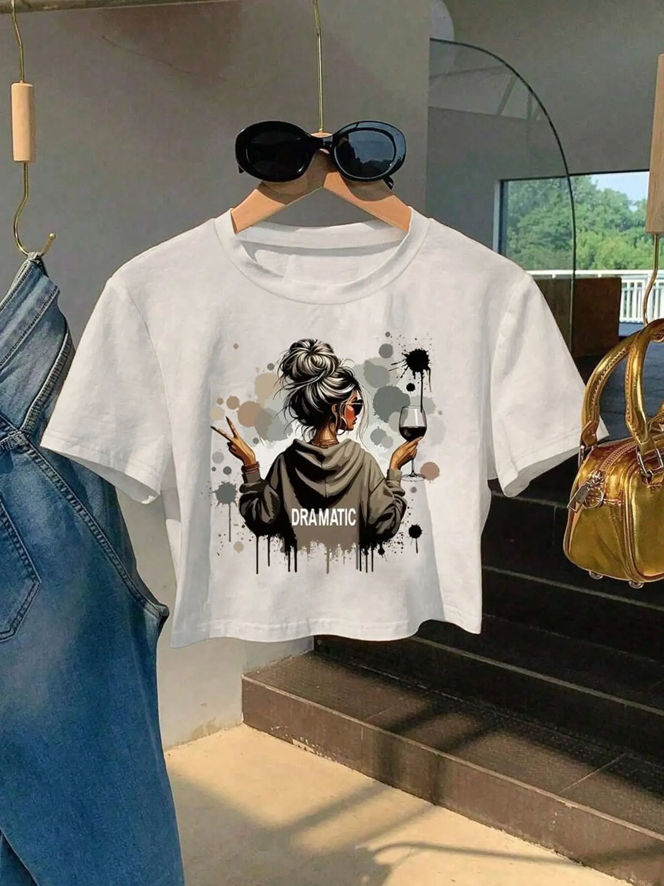 Women's Graphic Round Neck Cropped T-Shirt, Sassy Girl Wine Print, Stylish Splash Design, Soft Fabric, Cute Casual Top for Summer & Weekend Outfits, Casual Fitted Streetwear, Womenswear, Clothes, Casual Trendy Tee