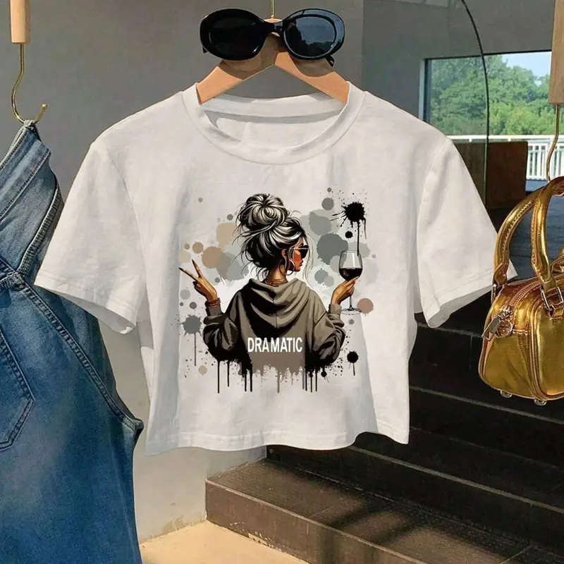 Women's Graphic Round Neck Cropped T-Shirt, Sassy Girl Wine Print, Stylish Splash Design, Soft Fabric, Cute Casual Top for Summer & Weekend Outfits, Casual Fitted Streetwear, Womenswear, Clothes, Casual Trendy Tee