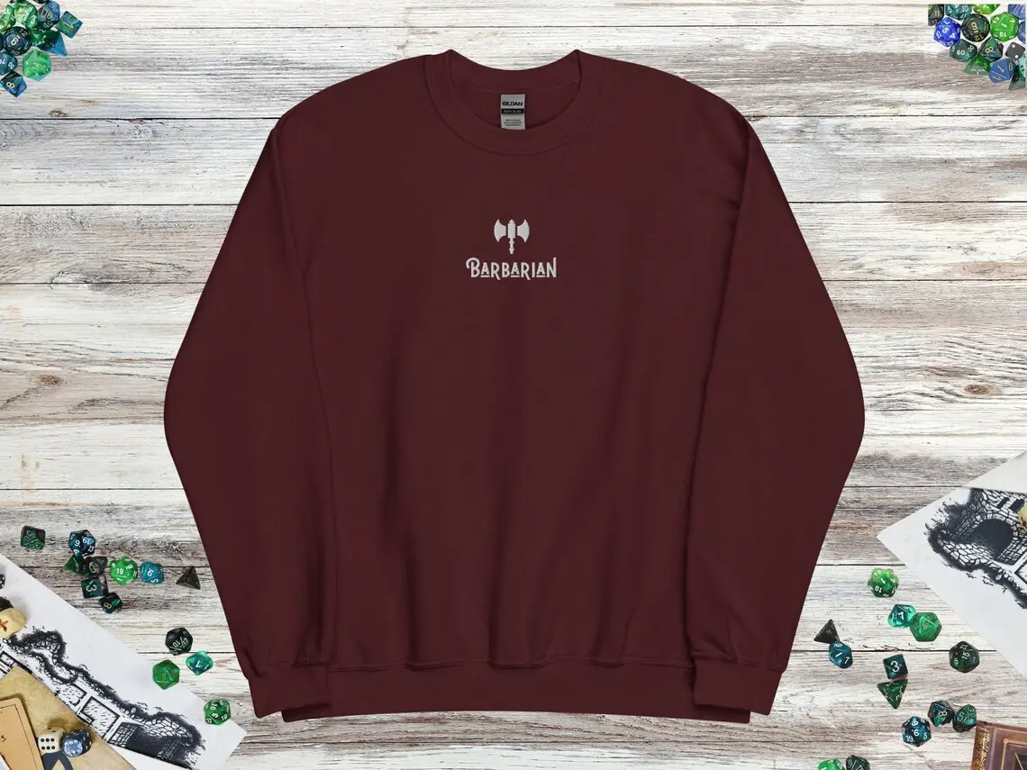 Embroidered DnD Barbarian Class Crewneck Sweater, DnD Sweater, Dungeons and Dragons, DnD Gift, Men Women Unisex Sweater, Multiple Colors Cotton