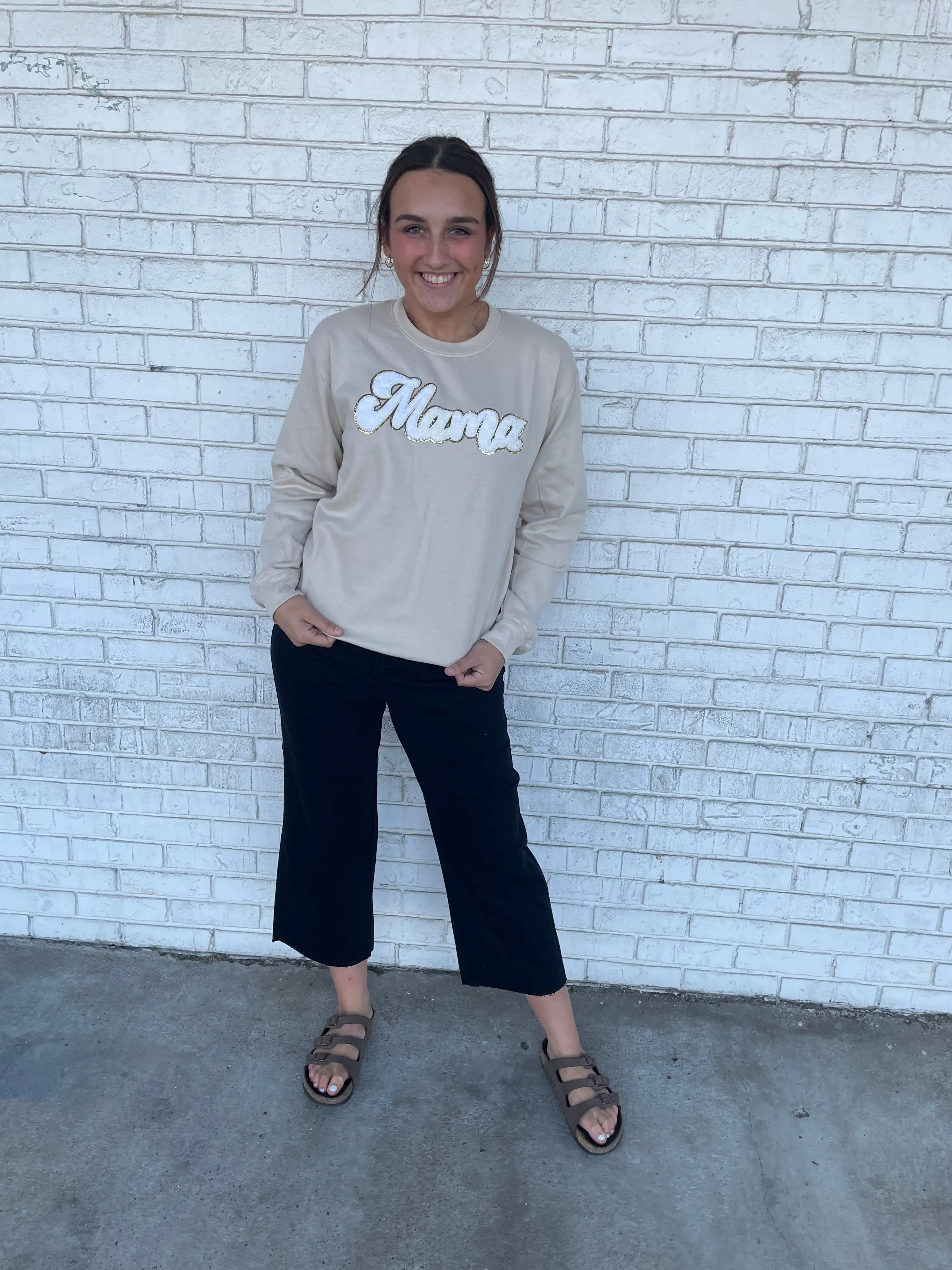 Mama Chenille Patched Crewneck Sweatshirt + Cream