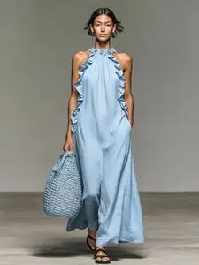 2026 New Vacation Style Leaf Edge Halter Neck Dress, Loose Fit Slimming Midi Dress, Elegant All-Season Party