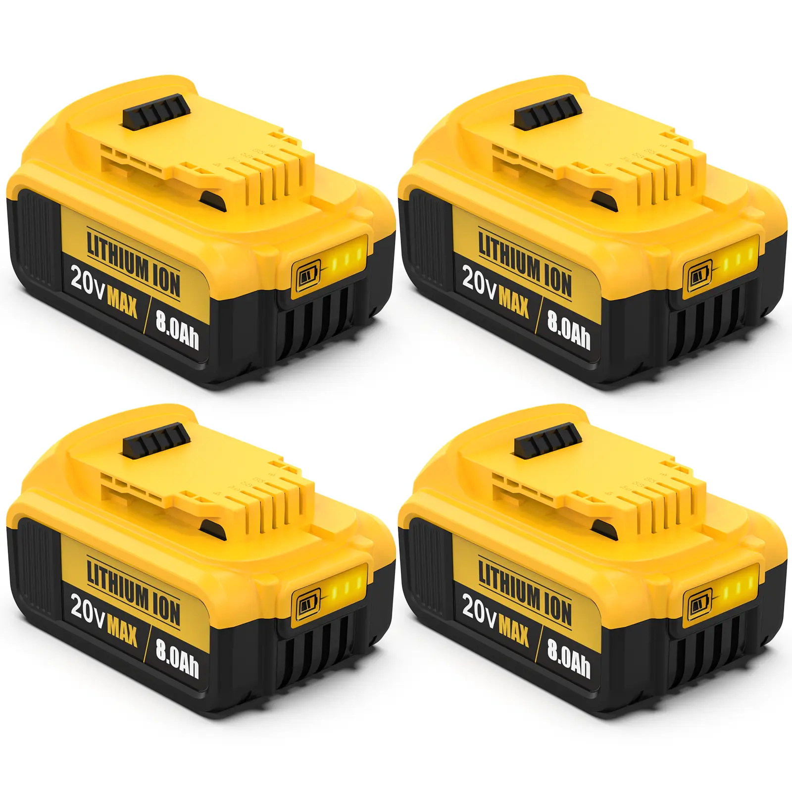 4Pack 8.0mAh Replacement Batteries with Indicator for Dewalt 20V Lithium-Ion MAX DCB200 DCD/DCF/DCG/DCS Series
