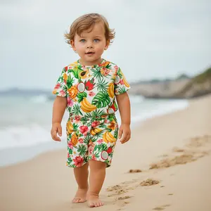 Bamboo Short Sleeve Two-Piece Set Tropical Fruit for Boys - White, Casual, Summer Clothes, Comfortable Fit, Stretchy Waistband, Banana Pineapple Dragon Fruit Hibiscus Print